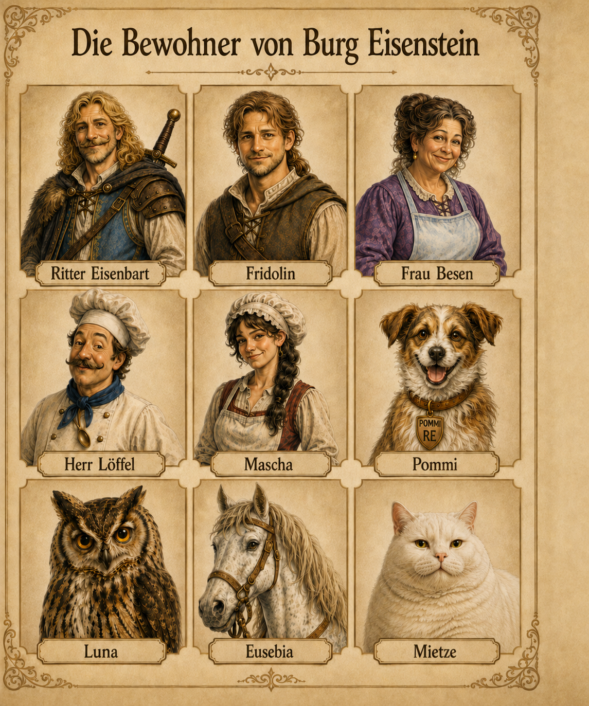 Die Bewohner von Burg Eisenstein: Ritter Eisenbart, Fridolin, Frau Besen, Herr Löffel, Mascha, Pommi, Burgeule, Eusebia und Mietze